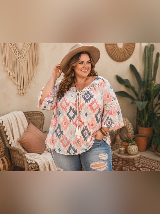 Cato Tops - CATO Geometric Crochet Trim Top NWT